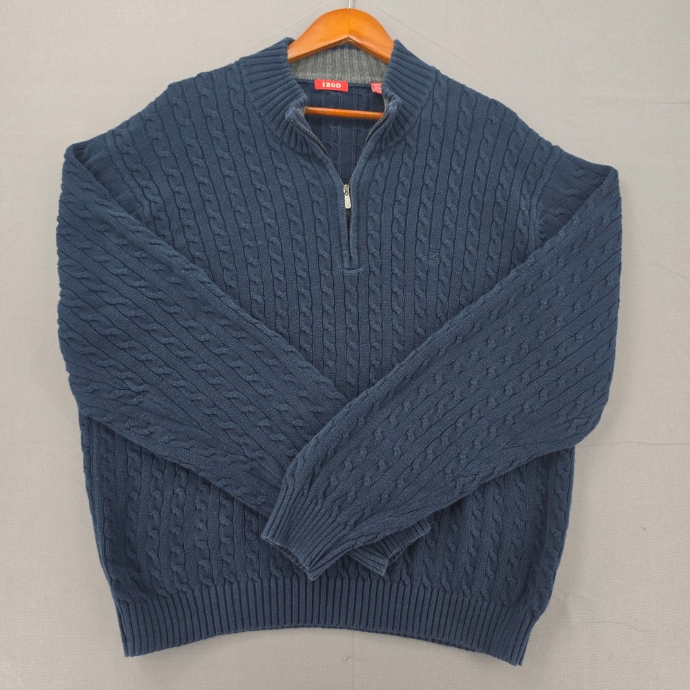 IZOD Mens XXL Navy Blue Cable Knit Quarter Zip Cotton Pullover Sweater